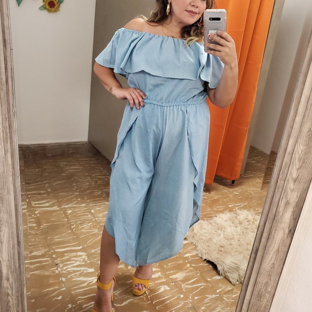 NWOT Plus Denim Off the Shoulder Jumpsuit - Picture 1 of 6